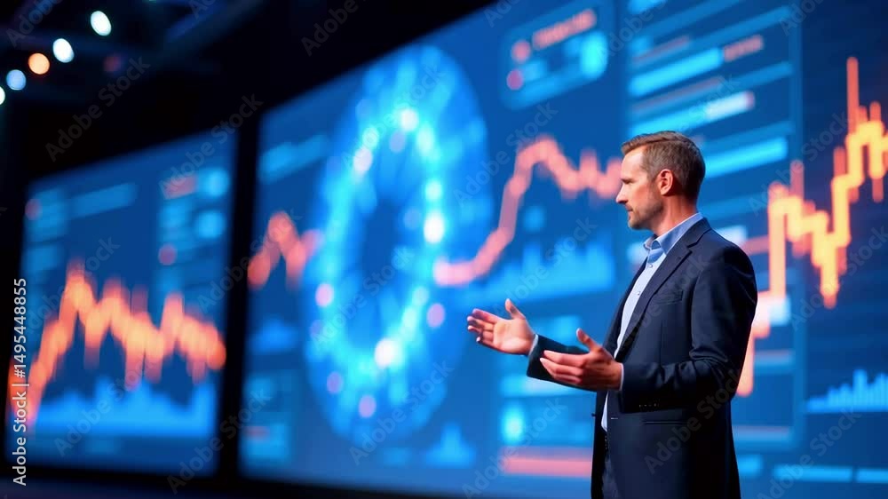 Aufkleber business professional presenting data analytics insights at a conference with vibrant graphs in back