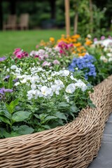 Fototapeta premium Colorful flower bed showcases vibrant blooms in a sunny garden during late spring surrounded by lush greenery