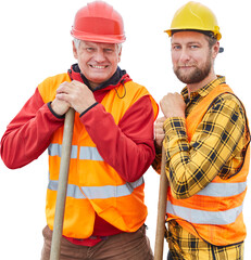 Two construction workers with shovels in their hands
