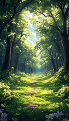 Fototapeta premium Sunny Forest Path, Peaceful Sunlight, Nature's Beauty, Inspiring Scene, Ideal Background