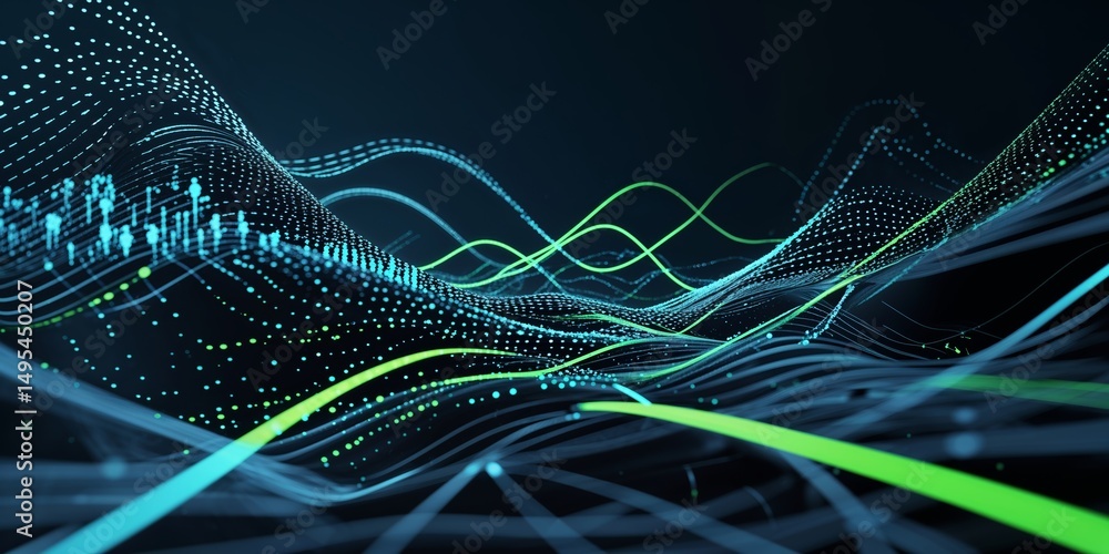 Poster Colorful abstract wave patterns create dynamic movement in a digital representation of data at night