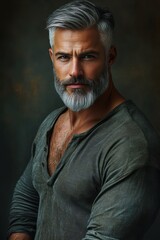 Confident man with silver hair and beard poses in a textured gray shirt against a dark backdrop in a studio