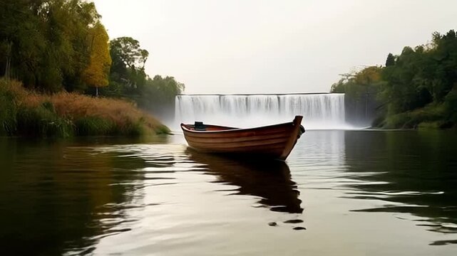 Waterfall flowing directly into a wide river 