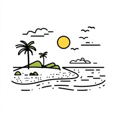 Tropical beach sunset illustration, calm ocean, island getaway, travel brochure design