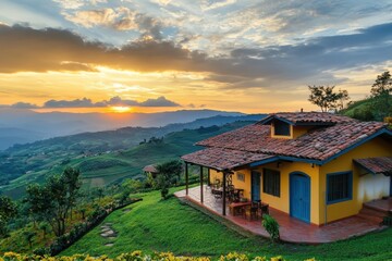 small house on a hillside farmland at sunset