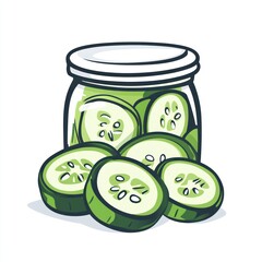 Pickled cucumbers in jar, sliced cucumbers, white background, food illustration, recipe website