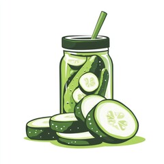 Pickled cucumbers in jar, sliced cucumbers, white background, healthy food
