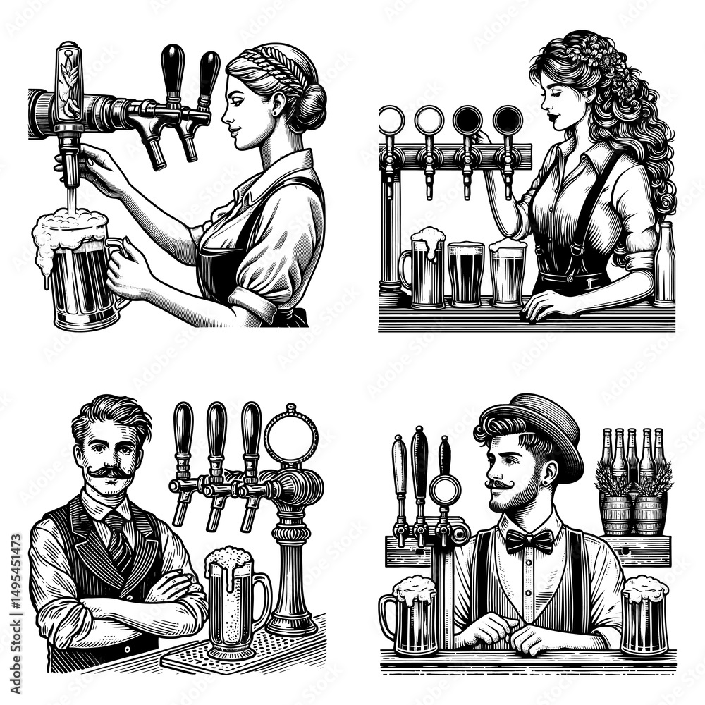 Poster bartenders and barmaids pouring beer from taps set collection bundle sketch engraving generative ai 