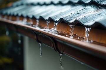 Rainwater flows from the roof gutter during a heavy downpour in an urban neighborhood on a cloudy afternoon