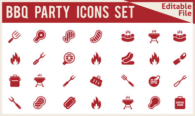  Modern BBQ Party Time Vector Icon Set Featuring Solid Style Symbols Including Barbecue Grill, Beef Steak, Grilled Chicken, and Sausage in Filled Pictogram Design