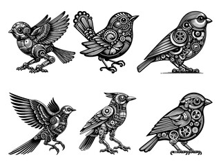 Fototapeta premium steampunk birds Set collection bundle sketch engraving generative ai PNG illustration. Scratch board imitation. Black and white image.