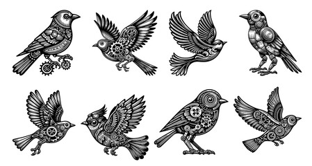 Fototapeta premium steampunk birds Set collection bundle sketch engraving generative ai PNG illustration. Scratch board imitation. Black and white image.