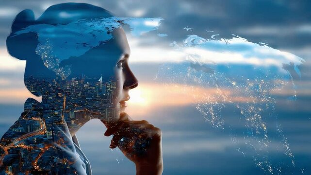 Contemplative Thoughts: A thoughtful woman's profile merges with cityscapes and atmospheric clouds, reflecting on the interplay between the internal and external worlds.