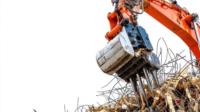 Excavator grabs metal scrap against a white sky