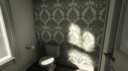 Interior shot of a light-filled bathroom with ornate wallpaper.