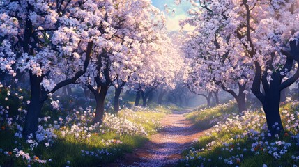 Enchanting spring blossom path with ethereal light illuminating flowering trees
