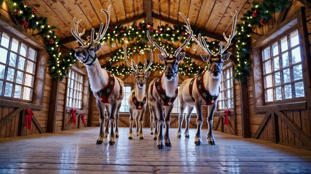 Four reindeer, adorned with festive harnesses, stand in a warmly lit stable decorated for christmas, complete with twinkling lights and a garland