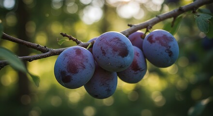 Plums on a Branch in Sunlight Fresh Fruit Harvest Natural Food Source Healthy Eating Lifestyle Plum Tree Orchard