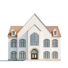 Frontal view of a white gable-roofed residence isolated on black backdrop