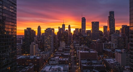 Obraz premium Sunset over city skyline with colorful clouds and skyscrapers