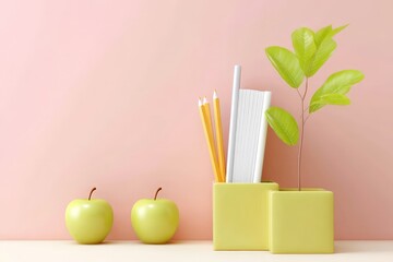 Minimalist workspace with green apples, plant, and yellow stationery holders on pink background