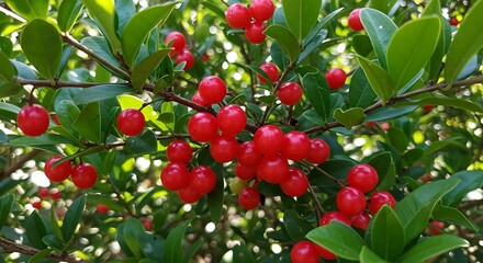 Bush with Vibrant Red Berries Symbolizing Nature's Beauty and Autumn Harvest in Natural Light and Close-Up View, Perfect for Seasonal Designs and Botanical Illustrations