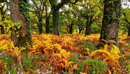Enchanting woodland scene with golden ferns and ivy-clad trees during autumn