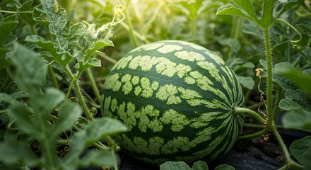 Fresh Organic Watermelon Growing in Garden Patch Cultivation for Healthy Eating and Summer Refreshment Symbolizing Natural Agricultural Harvest and Sustainable Farming Practices