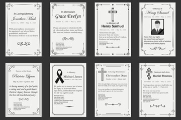 Plakat A collection of elegant black and white funeral memorial card templates with decorative borders, religious symbols, and placeholder text. Ideal for remembrance services, memorial programs, and