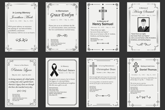 A collection of elegant black and white funeral memorial card templates with decorative borders, religious symbols, and placeholder text. Ideal for remembrance services, memorial programs, and