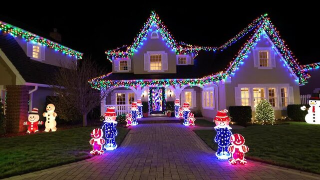 Nighttime suburban residential house gleaming with festive christmas decorations, radiating colorful lights, illuminating snowmen and gingerbread figures creating magical winter wonderland