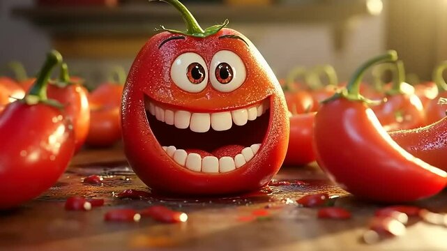 Cheerful animated tomato character with large eyes and a big smile surrounded by red chili peppers