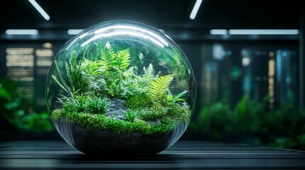 Glass sphere terrarium with lush plants
