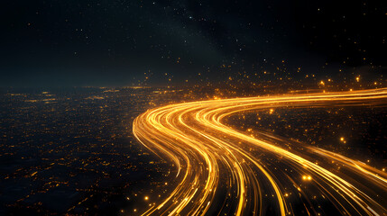 Golden Light Trails Over Night Cityscape