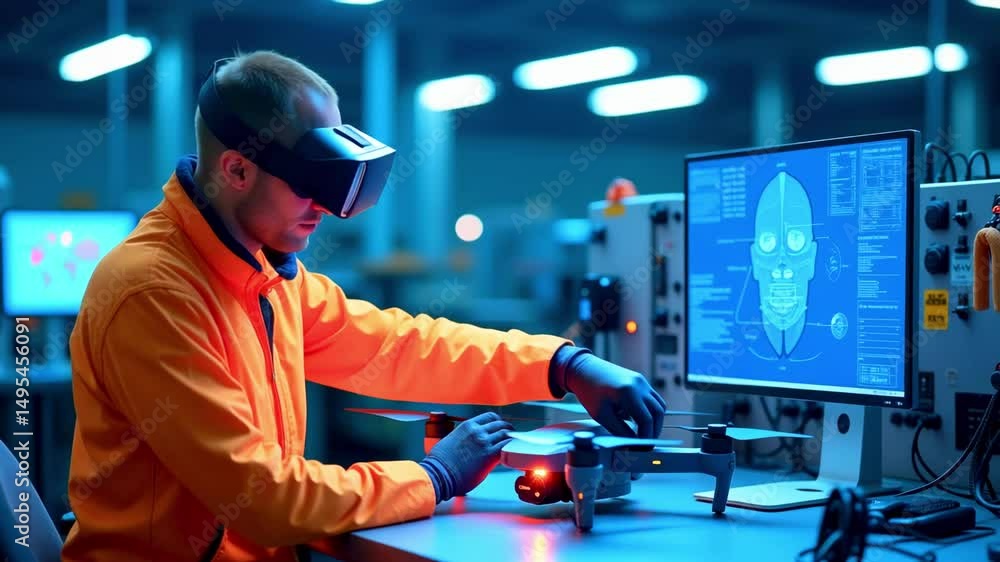 Poster technician in an orange jumpsuit operates a drone while using a vr headset in a high-tech lab
