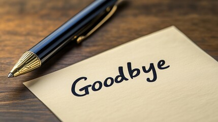 Note expressing farewell placed on a wooden surface with a pen resting beside it during the evening hours