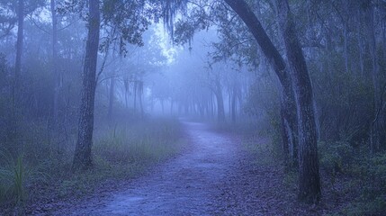 Misty forest path, dawn light, nature trail, serene landscape, background peace