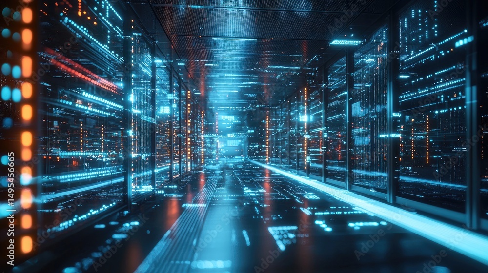 Leinwandbilder modern digital server room corridor with cool blue glow and high-performance hardware, ideal for ill