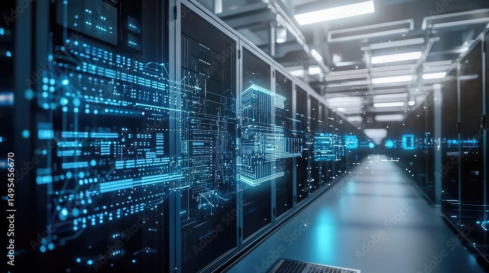 Poster Digital data center corridor with virtual circuit overlays, perfect for presentations on AI systems, cloud infrastructure, or cybersecurity and big data technologies
