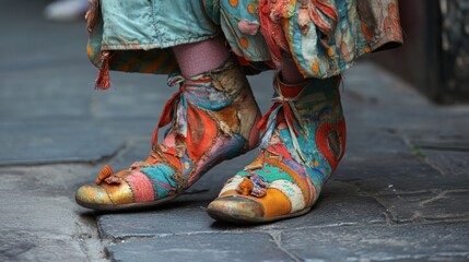 Colorful patchwork shoes on cobblestones