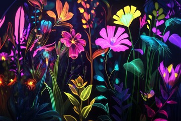 Vibrant neon floral artwork on dark background. AI image