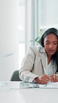Business, woman and timelapse for multitasking in office, productivity or time management with pressure. Paperwork, signing and notebook for proposal approval, juggle tasks and chaos in workplace
