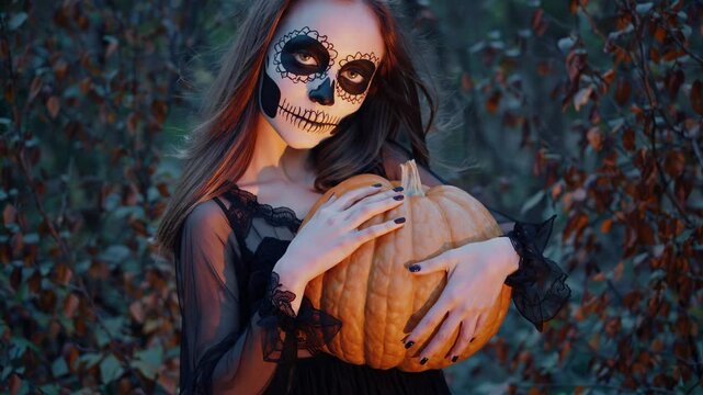 Young woman with elaborate skull makeup, reminiscent of dia de los muertos, gently cradling a pumpkin in a dimly lit forest, creating an eerie and captivating halloween scene