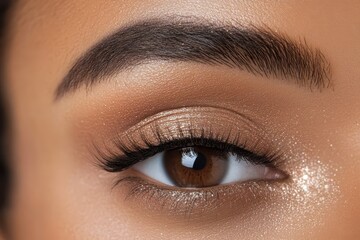 Close-up on a brown eye with golden glitter eyeshadow and long eyelashes. Showcase beauty trends, perfect for makeup tutorials and cosmetic advertising.