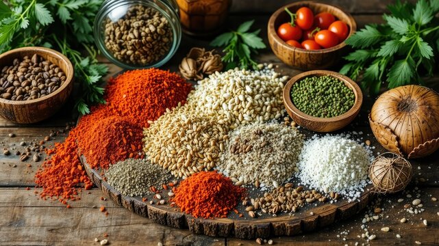 Culinary Delights: Spices and Ingredients on Wooden Surface