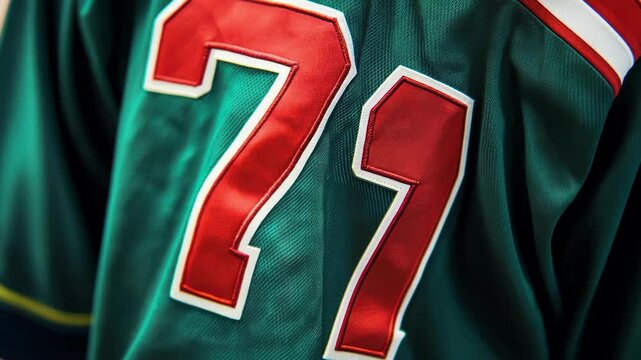 close-up of green sports jersey with large red number seventy-nine