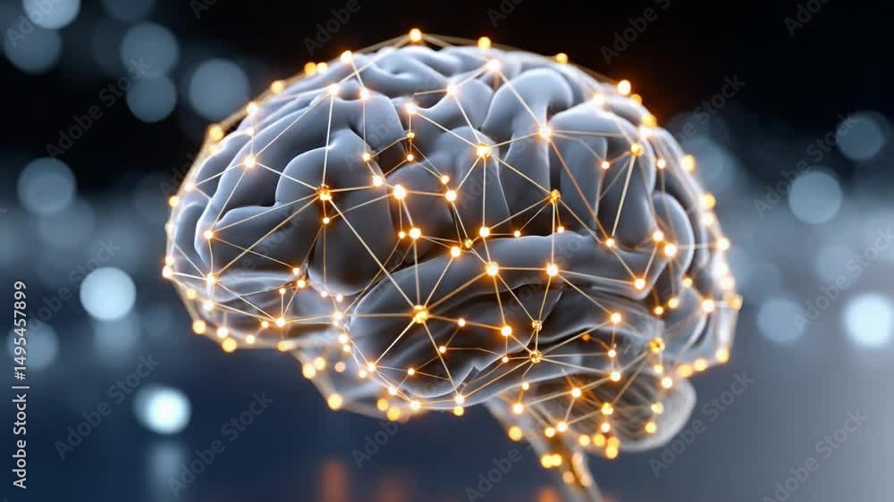 Poster brain networks: a luminous and detailed representation of a brain, interconnected with glowing neura