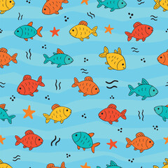 Cute seamless design of colorful cartoon fish, bubbles, and starfish on a light ocean background. Perfect for children’s textiles, wallpaper, baby fashion, and sea-themed products.