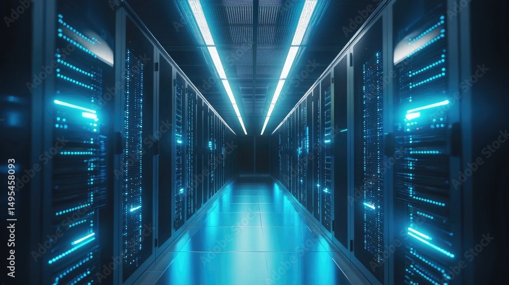 Poster Symmetrical perspective of a high-security server room with blue ambient lighting, great for showcasing enterprise-grade cloud systems and IT operations environments