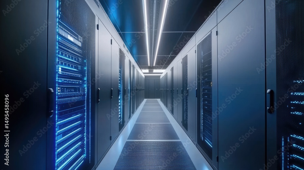 Poster Clean modern data center corridor with sleek blue-lit server cabinets, suitable for illustrating cloud computing, hosting environments, and enterprise IT solutions